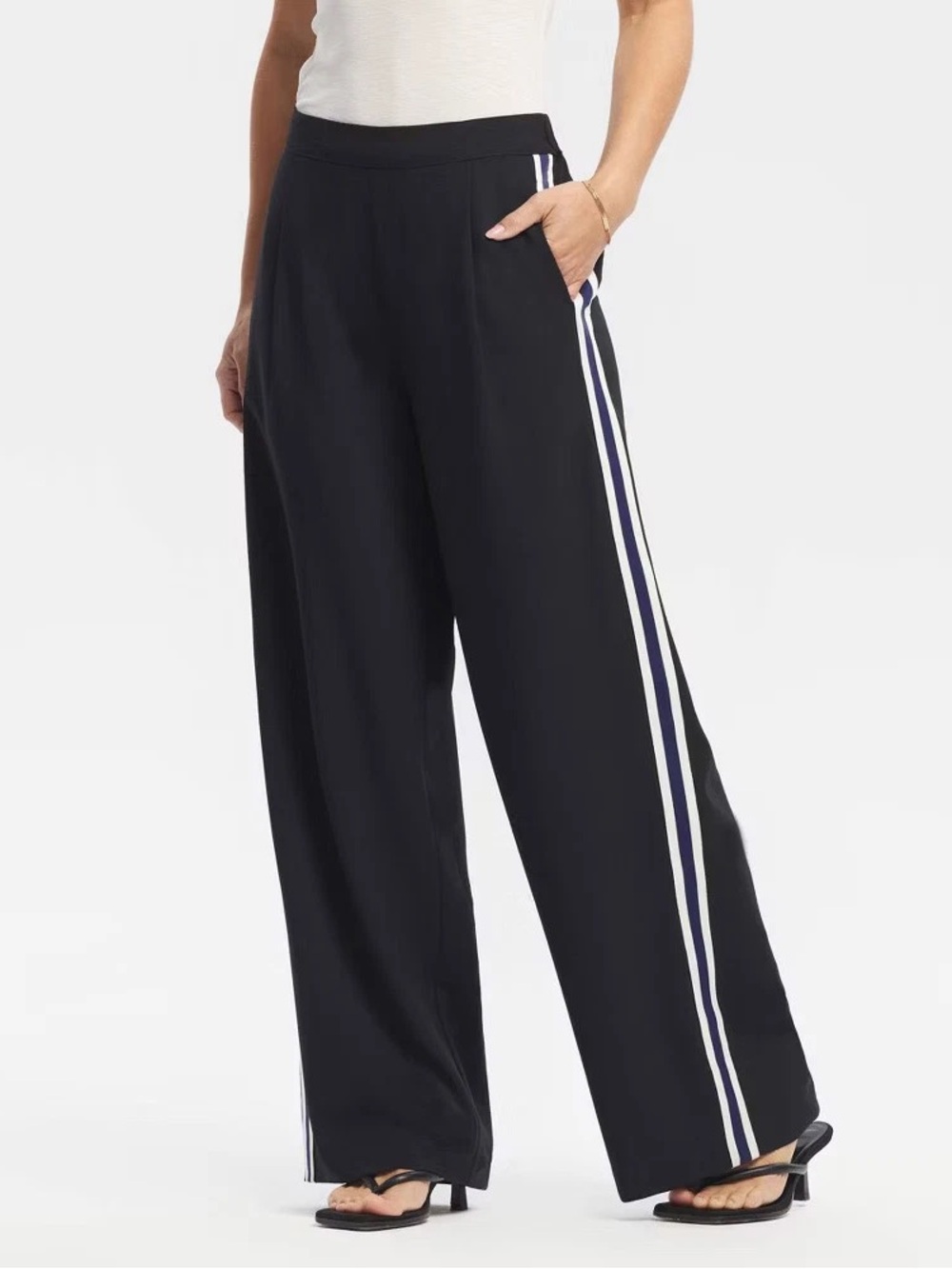 Wide Leg Side-Stripe Pants - Black
